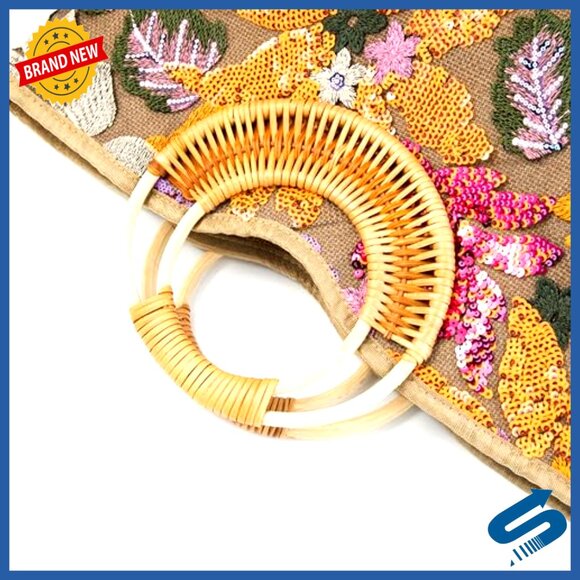 Handmade Rattan Wood Handle Sequin Embroidered Floral Tote Beach Bag - Picture 5 of 6